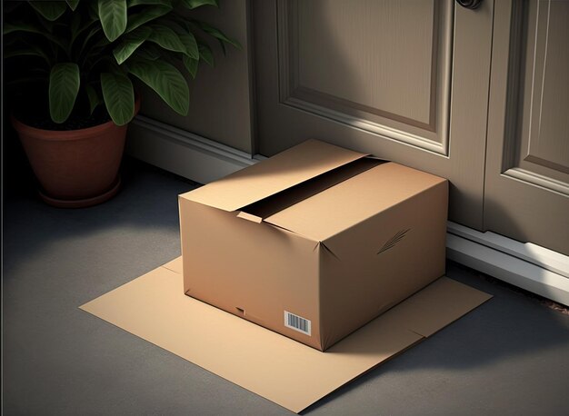 Photo ai generated illustration of a box sits on a tiled floor, beside a green potted plant