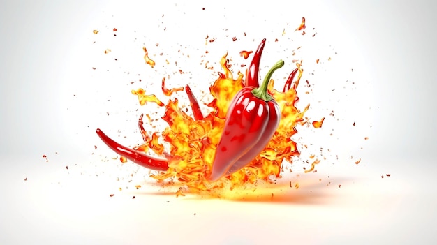 Photo ai generated illustration of a bright red chili pepper engulfed in flames on a white background