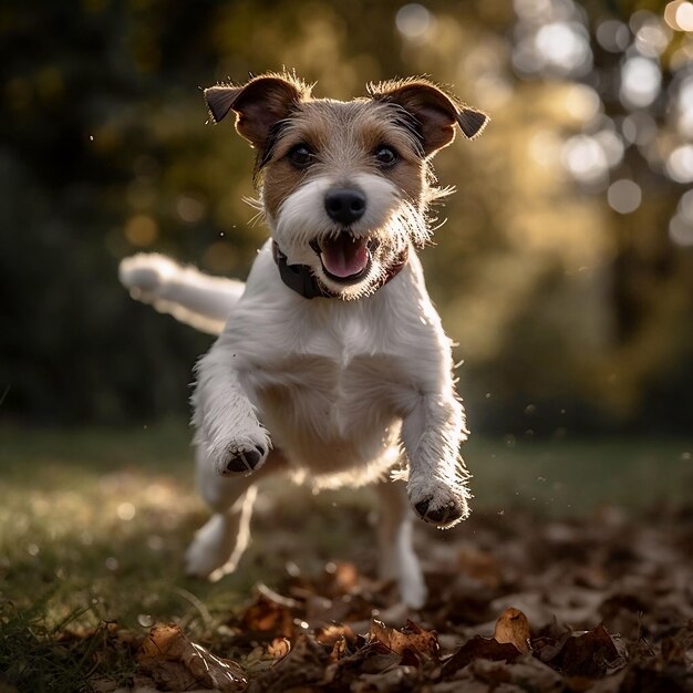 AI generated illustration of a brown and white dog running joyfully through a sundappled forest