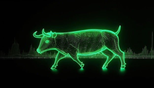 AI generated illustration of Bull stock exchange glowing neon bull