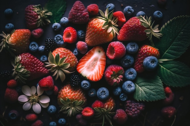 Photo ai generated illustration of bunch of different berries with green leaves