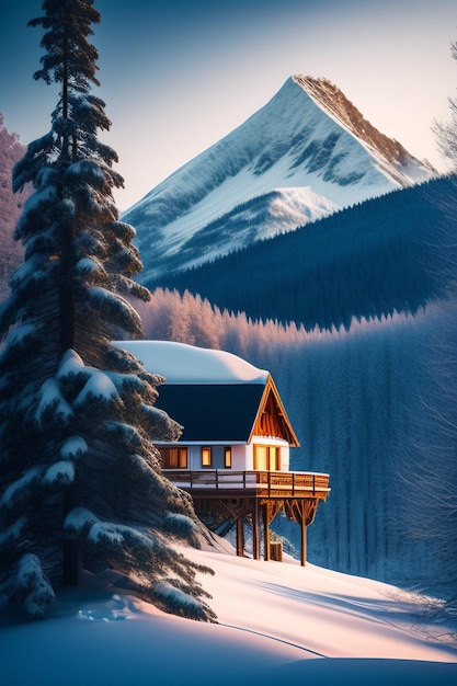 Ai-generated illustration of the cabin in the forest with snow-covered mountains in the background