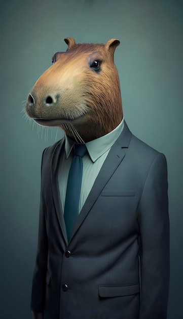 AI-generated illustration of a capybara in a business suit against dark background