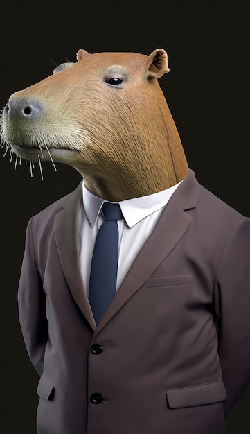 AI-generated illustration of a capybara in a business suit against dark background