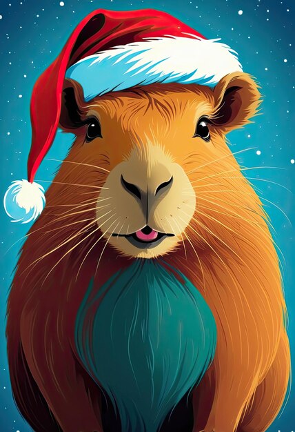 Foto illustrazione generata dall'ai di un capybara che indossa un cappello di babbo natale e circondato da uno sfondo invernale