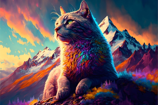 AI가 생성한 생생한 조명으로 빛나는 고양이 그림, 바위 꼭대기에 앉아