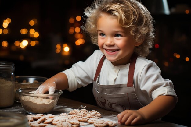 AI generated illustration of a child wearing a yellow apron standing in a kitchen