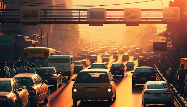 Ai が生成したラッシュアワーの渋滞が発生する都市のイラスト