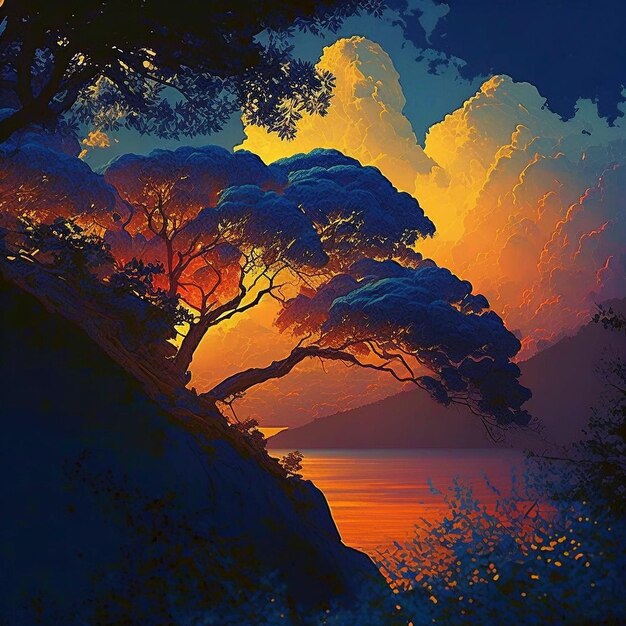 An AI generated illustration of Cliffside Dreams: A Serene Ocean Sunset