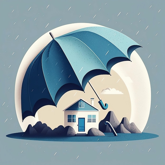 비가 내리는 집과 우산의 근접적인 일러스트레이션