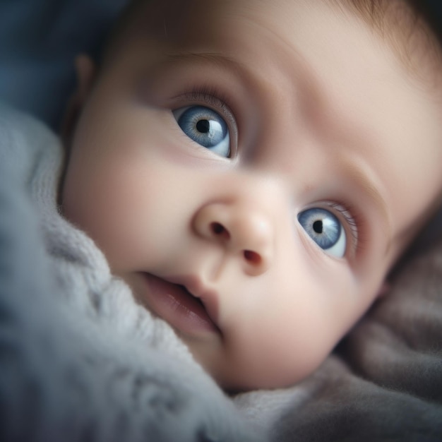 Ai generated illustration of a closeup of a small infant lying in a soft blue blanket