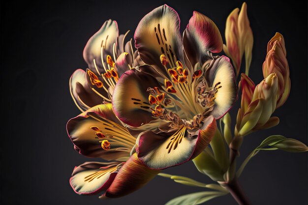 Foto illustrazione generata dall'ai di un fiore colorato di alstroemeria su uno sfondo nero