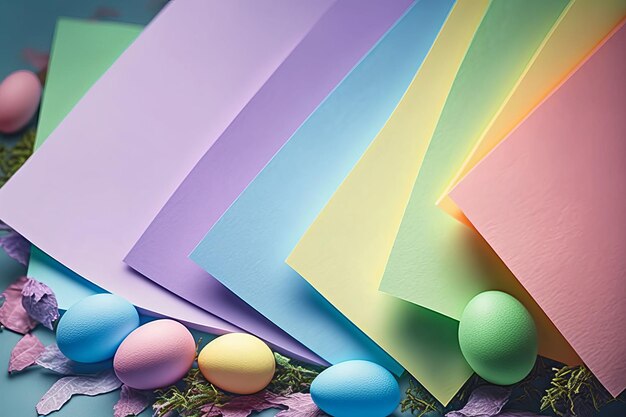 Ai generated illustration of a colorful array of paper featuring a easter eggs