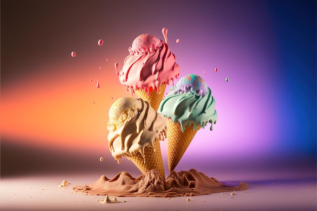 AI generated illustration of colorful melting Ice cream in cones