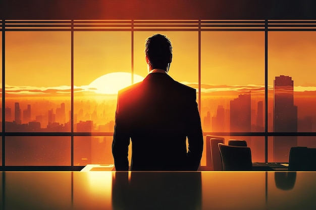 AI сгенерировал иллюстрацию Уверенный бизнесмен наблюдает за закатом города через окно
