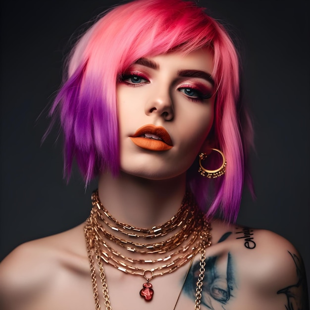 AI generated illustration of a confident young woman with pink hair and unique jewelry