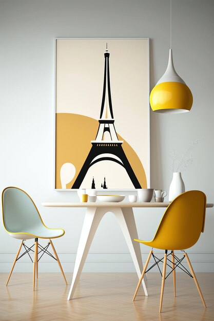 写真 ai が背景として現代的なダイニング テーブルとパリのポスターのイラストを生成