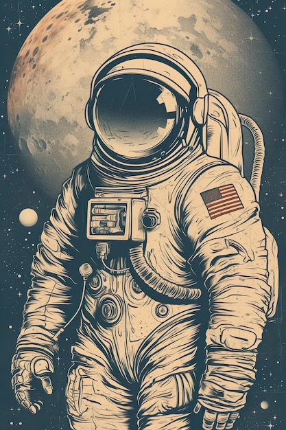 Ai generated illustration of cosmonaut as a vintage poster