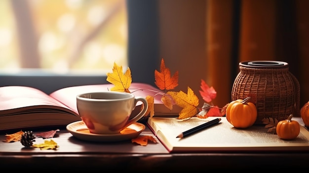 Ai generated illustration cozy warm autumn composition with cup of hot tea and book