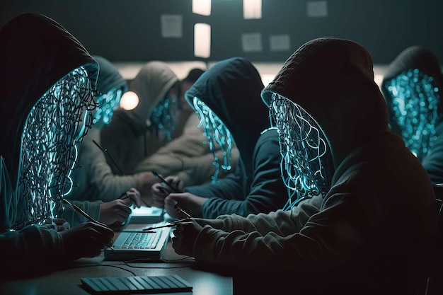 Foto illustrazione generata dall'ia di un gruppo inquietante di programmatori incappucciati che lavorano su laptop in una rete