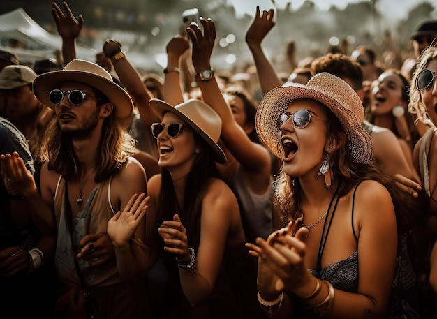 Photo ai generated illustration of crowd of people watching concert at summer beach summer music festival