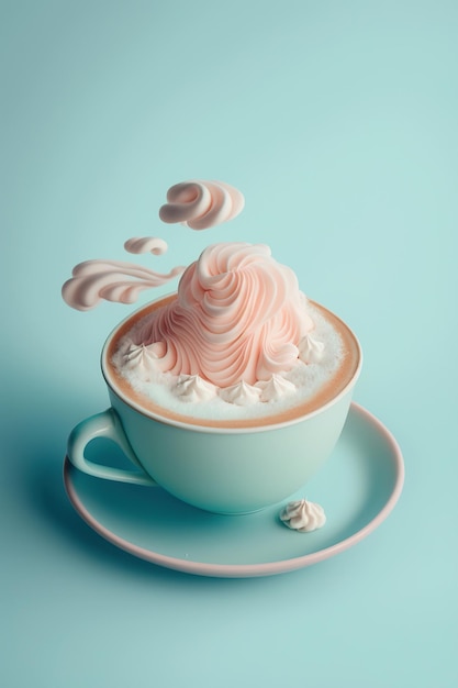 Ai generated illustration of Cup of latte with whipped cream pastel color