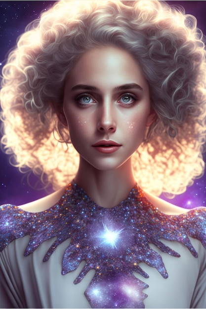 AI generated illustration of A curly female in a futuristic, icy-blue space costume