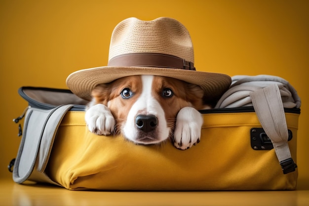 Ai generated illustration cute dog breed Jack Russell Terrier lies with suitcase