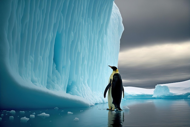 AI generated illustration of cute emperor penguin in Antarctica on walking on large iceberg