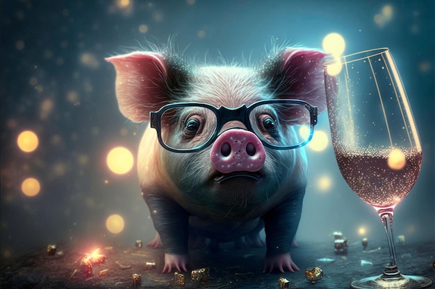 AI generated illustration of a cute pig with glasses and a glass of champagne