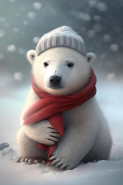 Ai generated Illustration cute polar bear in a hat and scarf