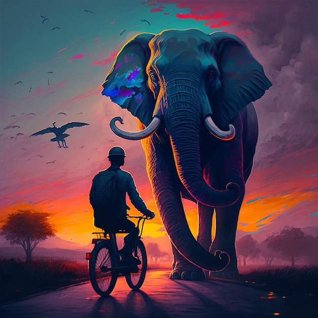 AI generated illustration of a cyclist and an elephant