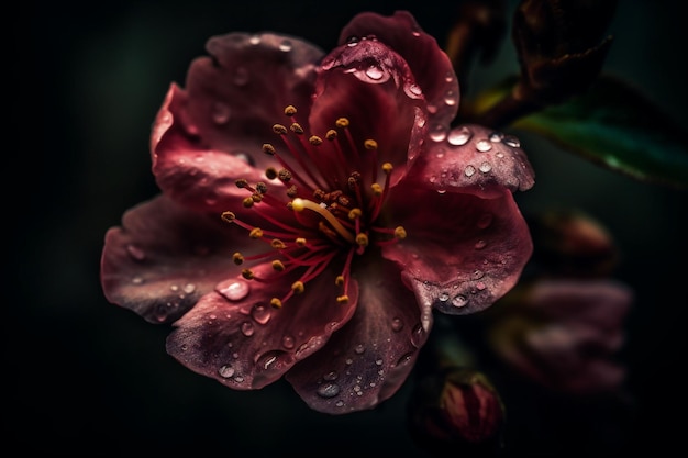 AI-generated illustration of a dark pink flower with rain droplets on its petals.