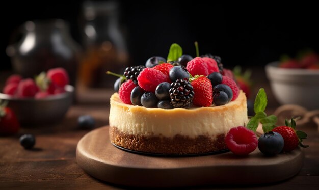 AI-generated illustration of a delicious cheesecake with fresh berries on a rustic wooden table.