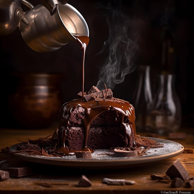 An AI generated illustration of a delicious chocolate cake with creamy sauce being poured on top