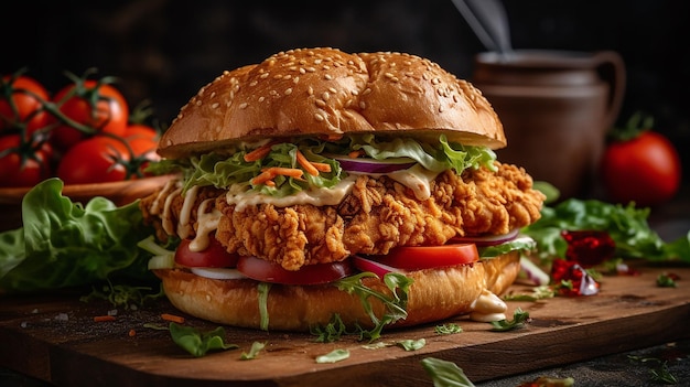 AI generated illustration of a delicious fried chicken sandwich served on a rustic wooden board