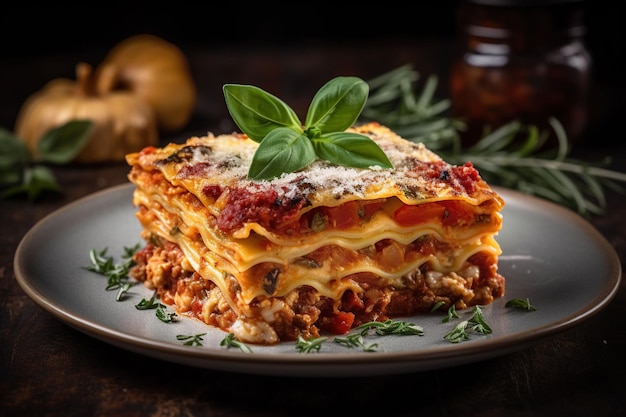AI generated illustration of a delicious homemade lasagna dish with fresh herbs and olives