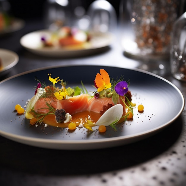 Photo ai generated illustration of delicious salmon with sauce and edible flowers