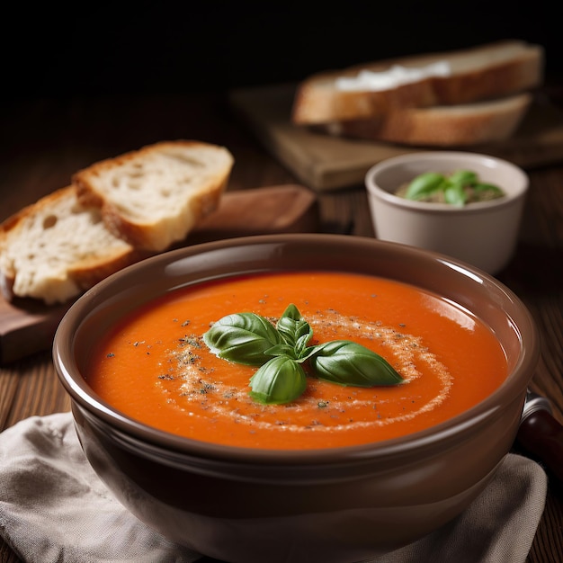 Ai generated illustration delicious tomato soup with garlic bread