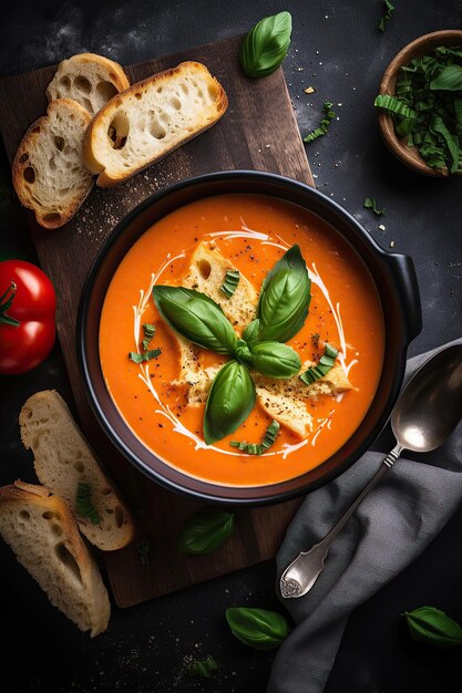 Ai generated illustration delicious tomato soup with garlic bread