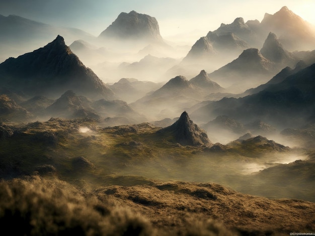 An AI generated illustration of A depicting a range of hills and mountains under an ethereal sky, with a light mist rising from the peaks