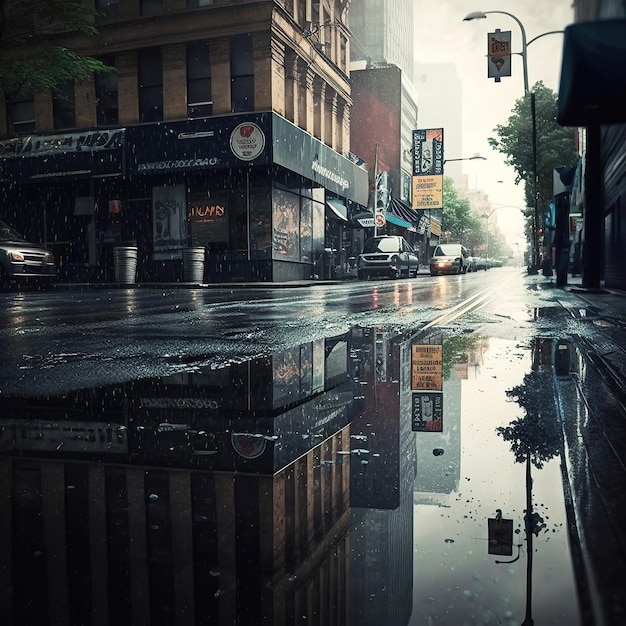 ai generated Illustration downtown rainy day with wet floor