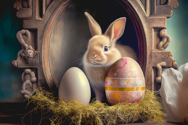 An AI generated illustration of an Easter Bunny sitting in festive setting in a nest with painted eggs