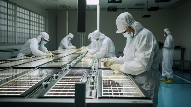 Ai generated illustration Electronics manufacturing facility workers assembling solar panel board