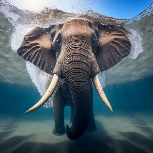 Искусственный интеллект создал иллюстрацию слона с длинными клыками, плавающего в чистой морской воде и смотрящего на камеру при дневном свете