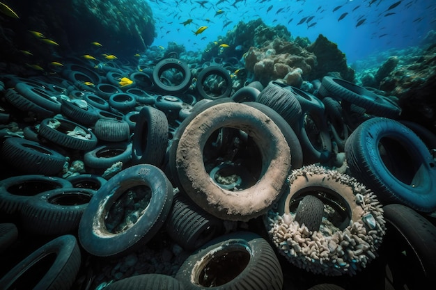 AI generated illustration environmental pollution of rubbish under water in ocean