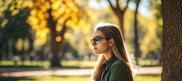 An AI generated illustration of a fashionable young woman with sunglasses standing in a sunny park