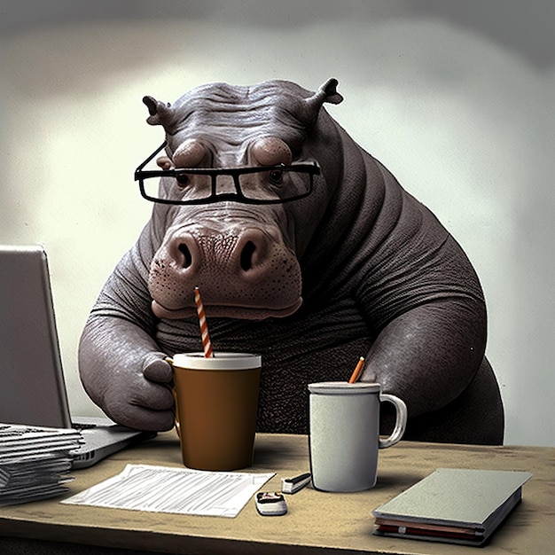 Ai generated Illustration of A fat hippopotamus is sitting at the office table