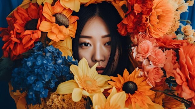 Ai-generated illustration of a female model hiding in a flower bouquet