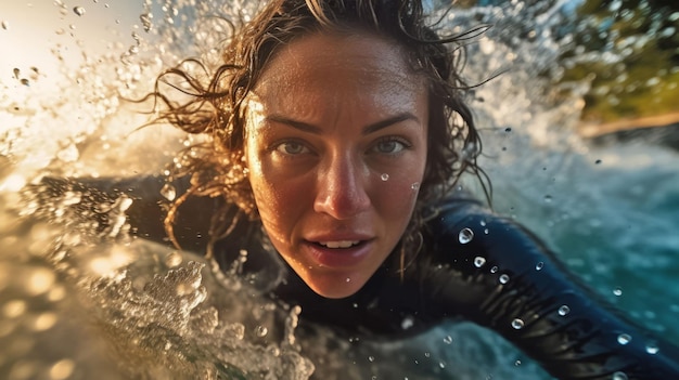 Foto illustrazione generata dall'ai di una donna surfista che guida una tavola da surf nell'oceano al tramonto